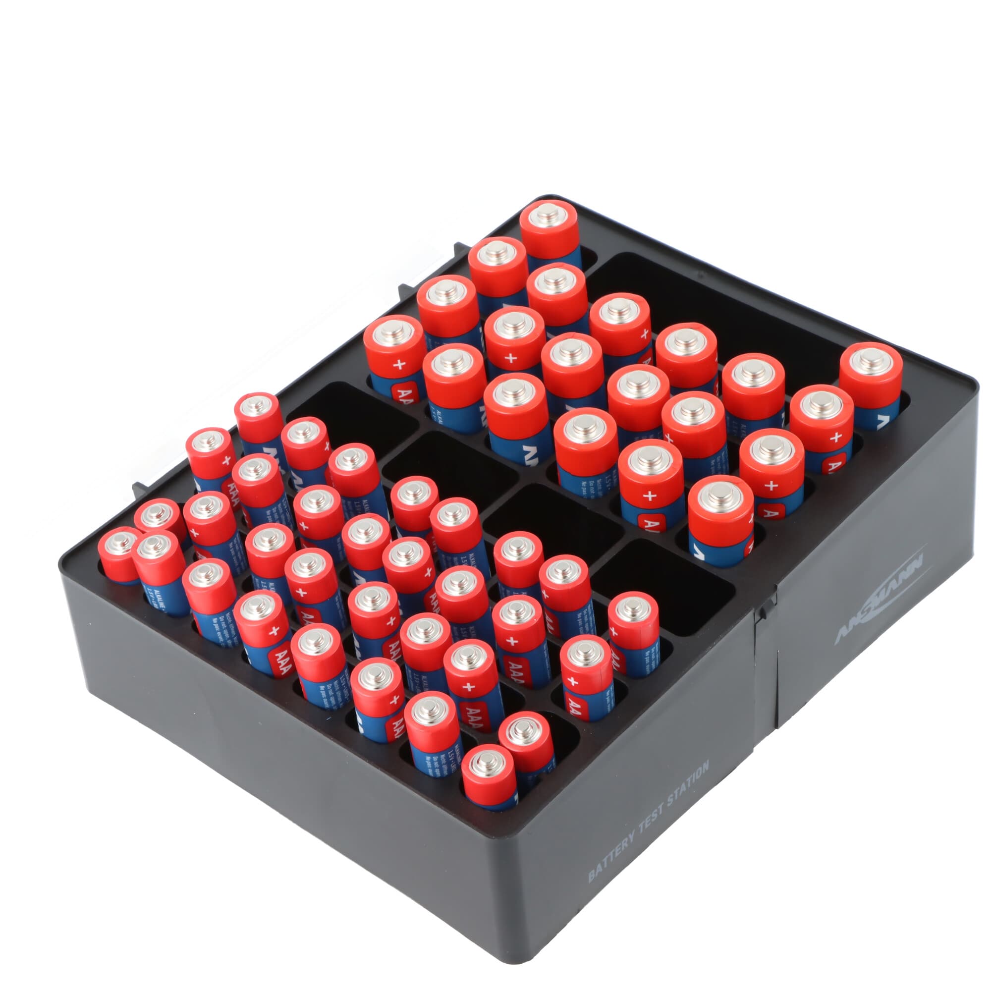 Boîte de rangement pour piles Ansmann comprenant 20 piles alcalines Mignon AA et 32 piles alcalines Micro AAA, avec support mural