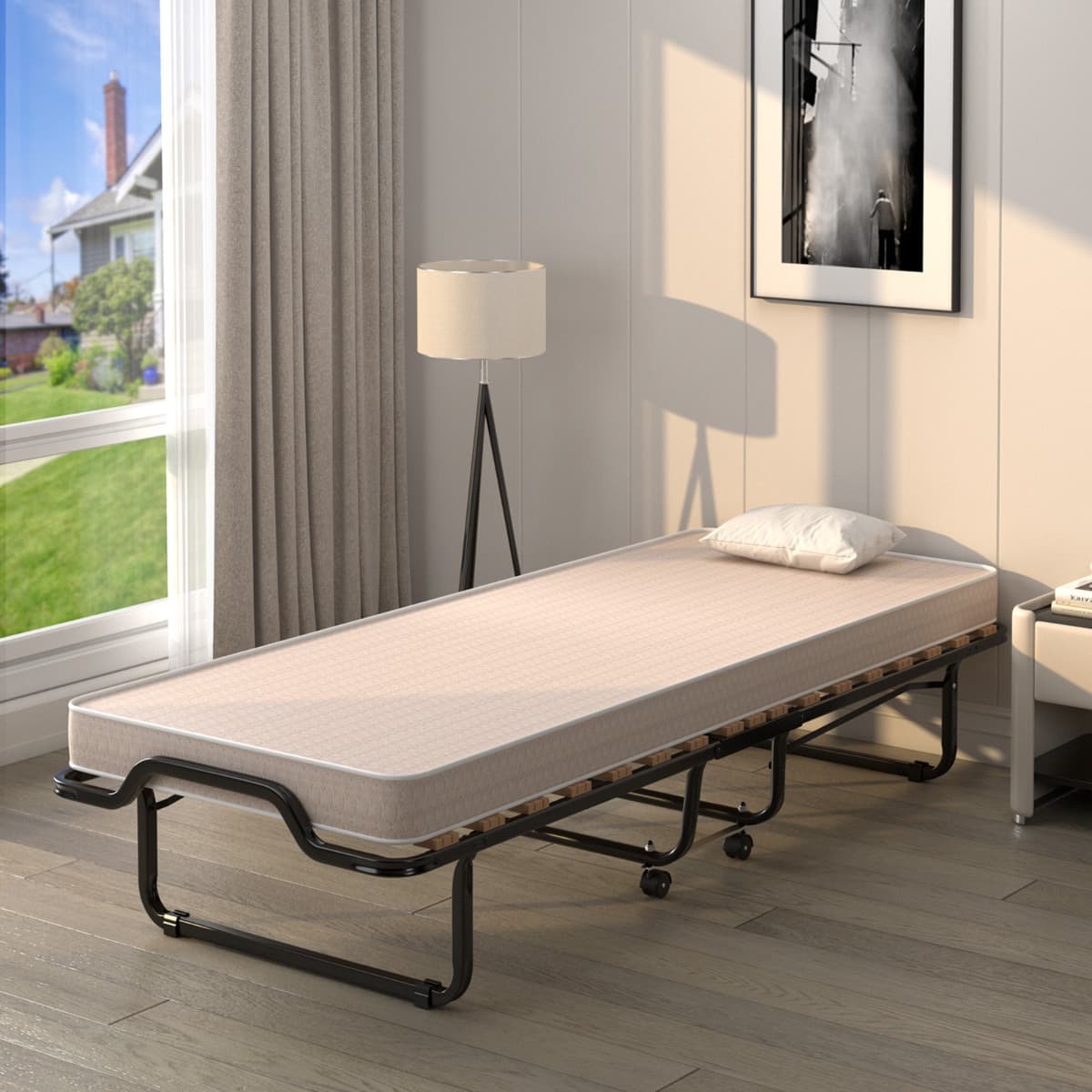 Lit Pliant sur Roulettes 90 x 200 x 41 CM Lit d'Appoint avec Matelas en Mousse 10 CM pour Maison et